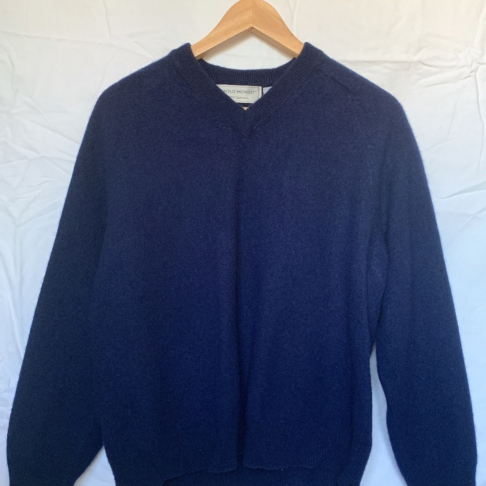 Paolo Mondo, Size XL, Blue V-Neck Sweater, 100% Cashmere